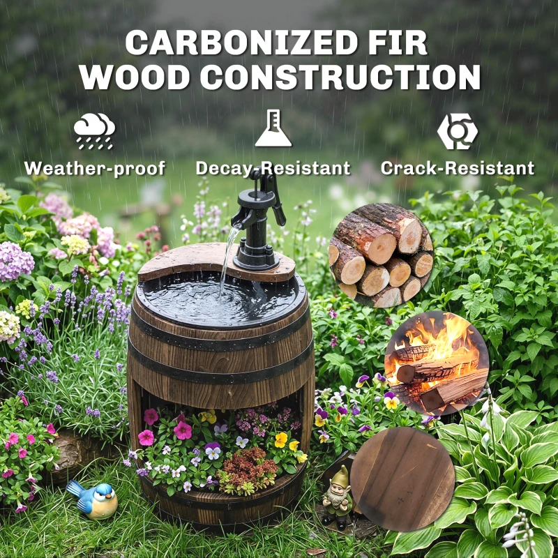 Outsunny 23" H Outdoor Water Fountain Wood and Plastic Rustic Apple Barrel Pump Garden Decor for Outside Backyard