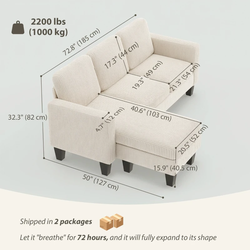 HOMCOM Sectional Sofa, L Shaped Couch, with Changeable Chaise or Ottoman, Cream White