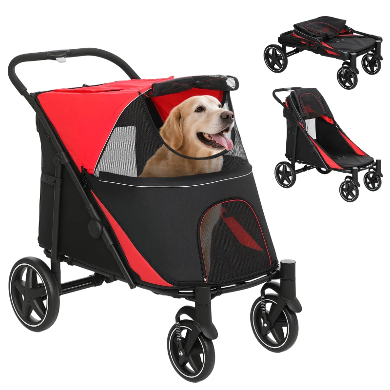 PawHut Foldable Pet Stroller with Universal Front Wheels, Shock Absorber, Dog Cat Carriage for Large & Medium Dogs, Red