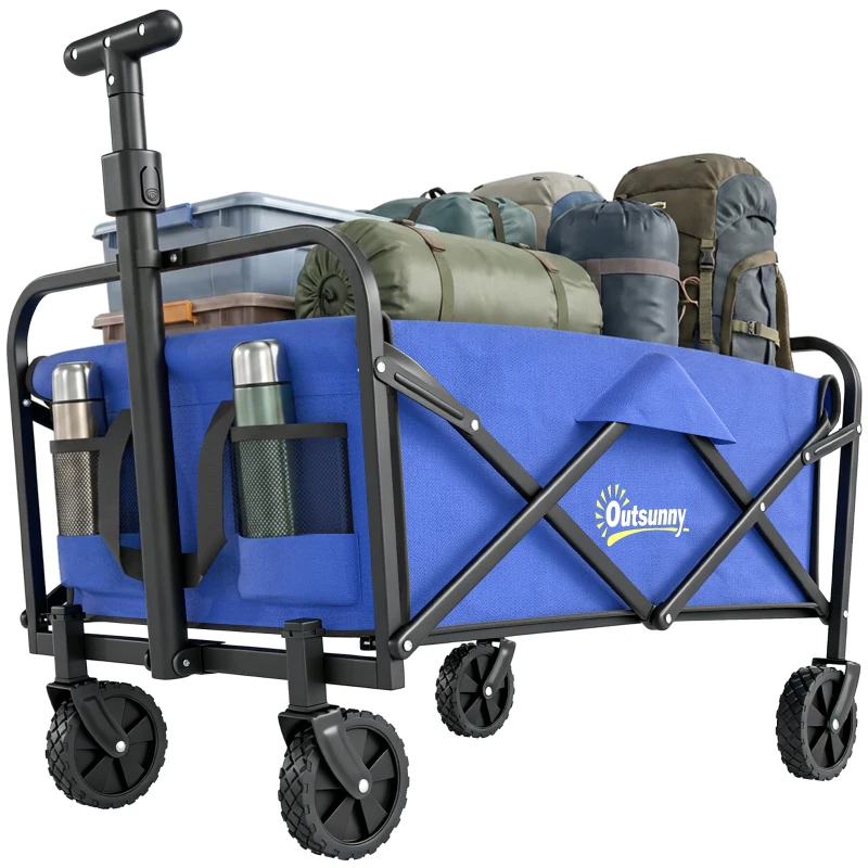 Outsunny Collapsible Folding Garden Cart, Heavy Duty Lawn Wagon with Universal Wheels and Adjustable Handle, Blue