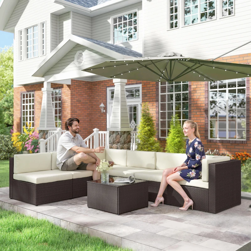 Outsunny 7 Piece Patio Furniture Set, All Weather PE Rattan Outdoor Furniture Conversation Sets with Glass Top Coffee Table