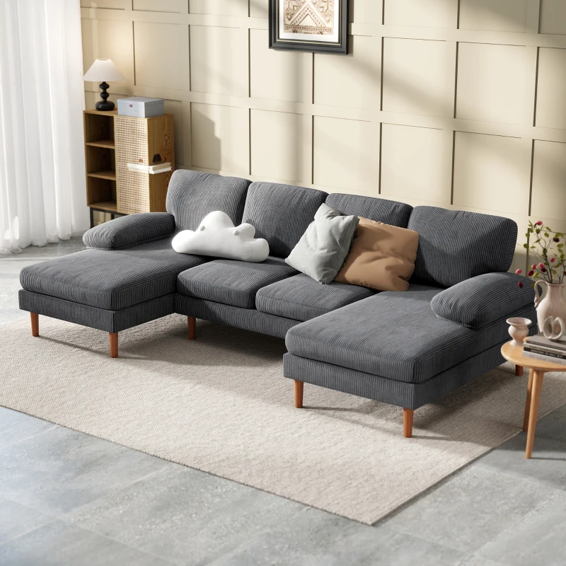 HOMCOM U Shape Couch with Double Chaise Lounge, Modern 4 Seater Sofa with Wooden Legs, Fabric Sofa for Living Room, Dark Grey