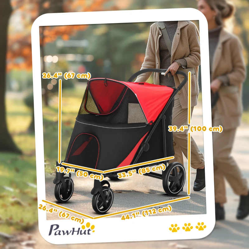 PawHut Foldable Pet Stroller with Universal Front Wheels, Shock Absorber, Dog Cat Carriage for Large & Medium Dogs, Red
