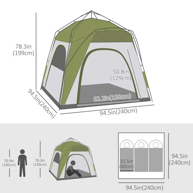 Outsunny Instant Automatic Camping Dome Tent Portable with 4 Doors and 4 Windows for 3 Person, Green