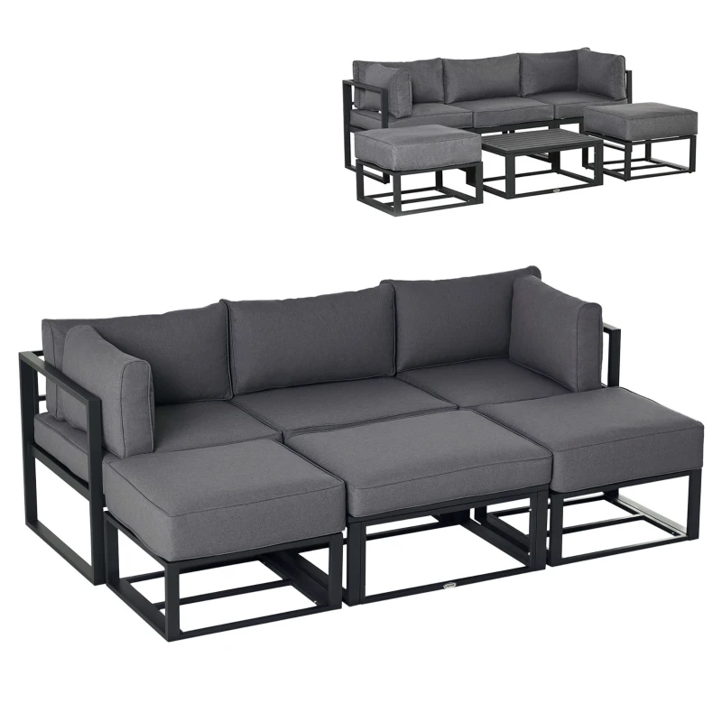 Outsunny 6 Pieces Patio Furniture Set, Space-Saving Sectional Outdoor Daybed with Aluminum Frame and Thickened Cushions, Grey