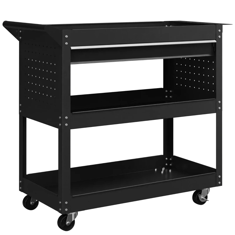 HOMCOM Tool Cart on Wheels, Utility Cart with Wheels, Ball Bearing Drawer, Storage Trays for Garage, Warehouse, Black
