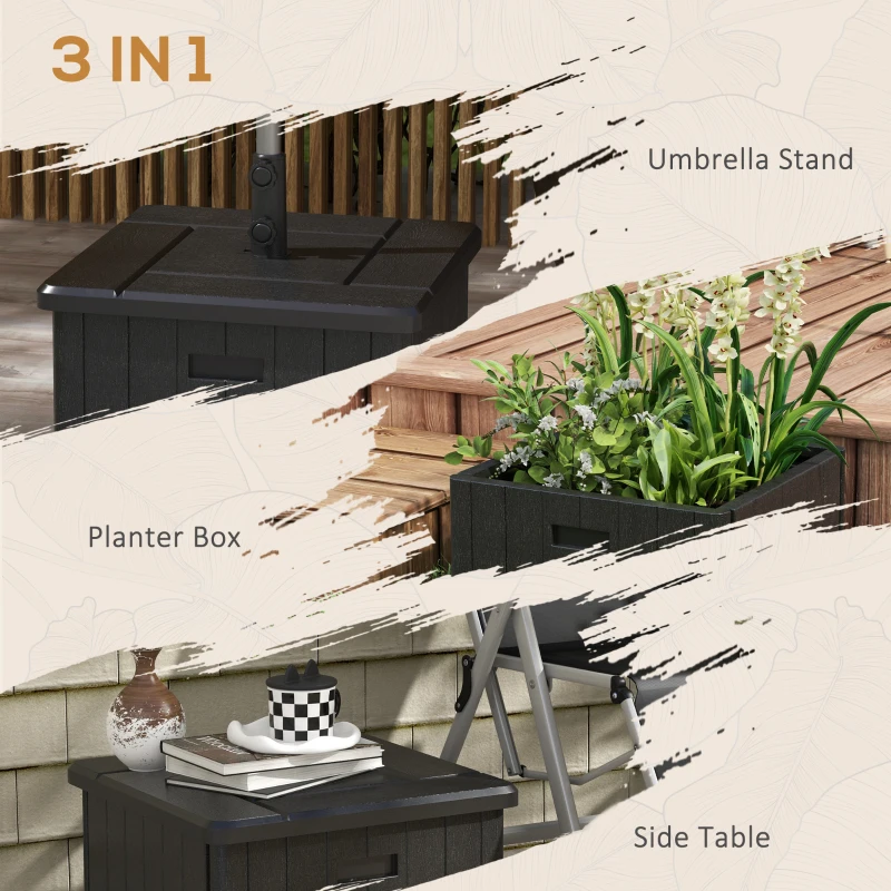 Outsunny 3-in-1 Outdoor Umbrella Base with Wheels and Handles, End Table, Flower Box Planter with Hole, 175 lbs. Capacity, Black
