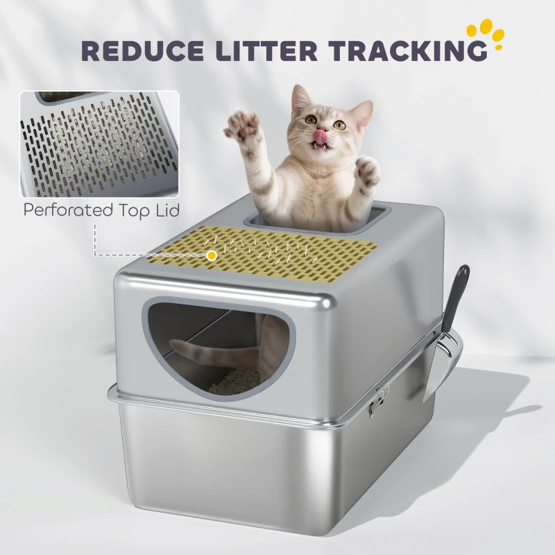 PawHut Stainless Steel Cat Litter Box with Lid, Extra Large Enclosed Litter Box with Top Litter-Catching Holes, Scoop, Silver