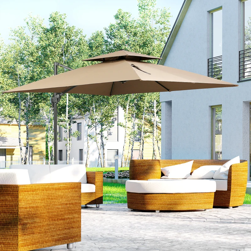 Outsunny 10ft Offset Patio Umbrella with Base, Hanging Aluminum Cantilever Umbrella with 360-degree Rotation, Coffee