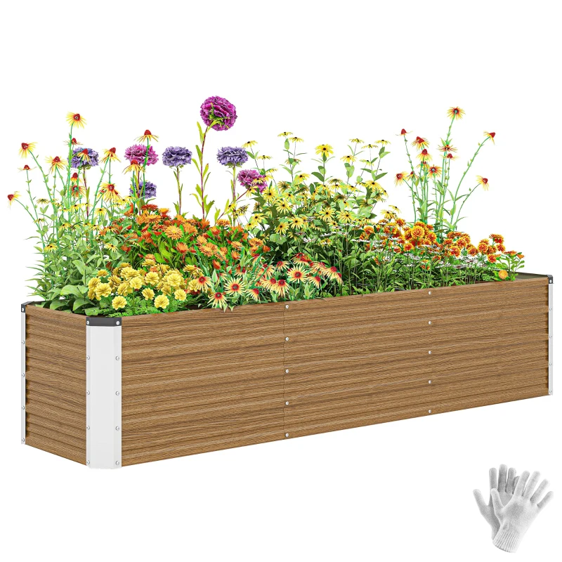 Outsunny 6' x 1.5' x 1.3' Galvanized Raised Garden Bed, Elevated Large Metal Planter Box w/ Install Gloves, Brown Wood Effect