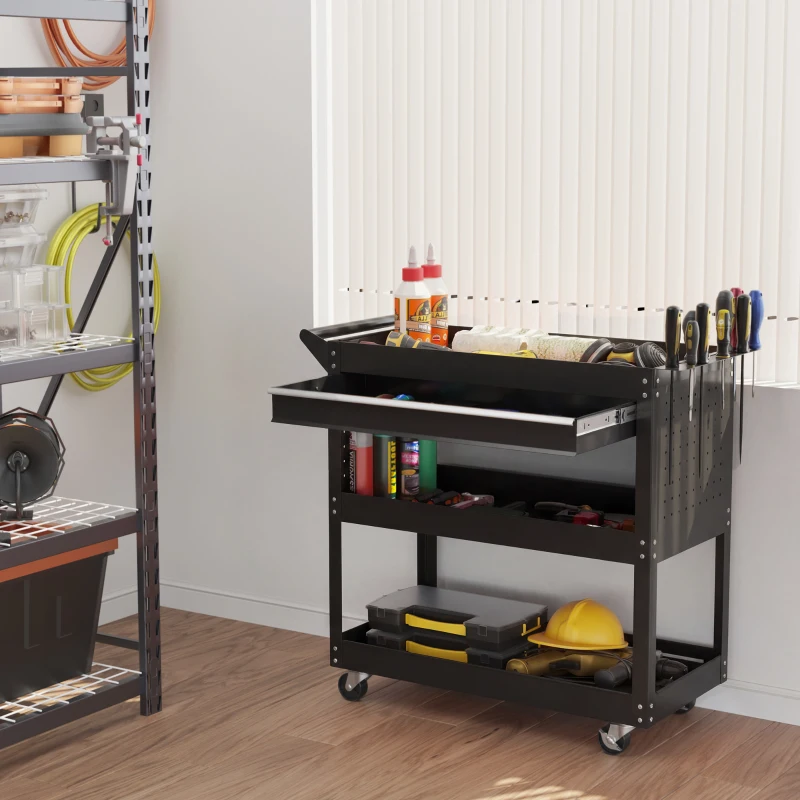 HOMCOM Tool Cart on Wheels, Utility Cart with Wheels, Ball Bearing Drawer, Storage Trays for Garage, Warehouse, Black