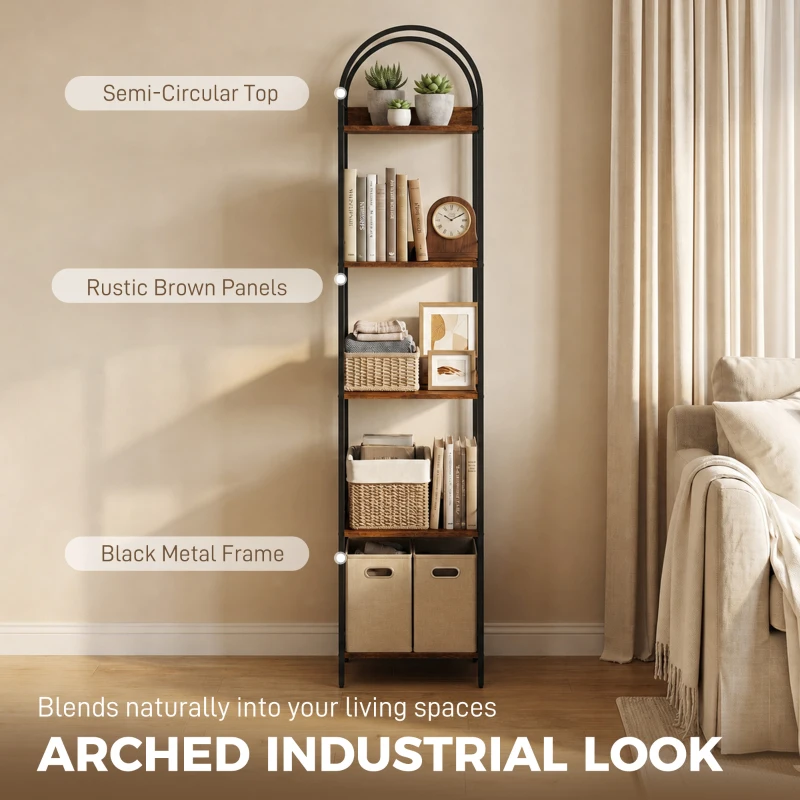 HOMCOM Bookshelf 5 Tier Arched Bookcase, 69.5" Tall Industrial Open Book Shelves with Metal Frame, Rustic Brown