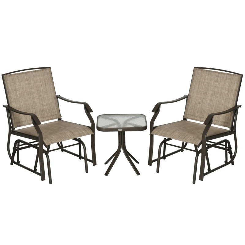 Outsunny 3 Piece Patio Glider Set Outdoor Gliders with Breathable Mesh Seat, Glass Top Table for Garden, Yard, Mixed Brown