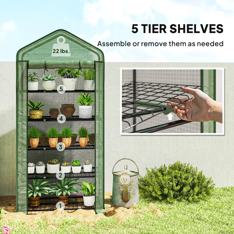 Outsunny 5 Tier Mini Greenhouse, Small Portable Greenhouse with PE Cover, Roll-Up Zippered Door, 76" x 35.4" x 19.3", Green