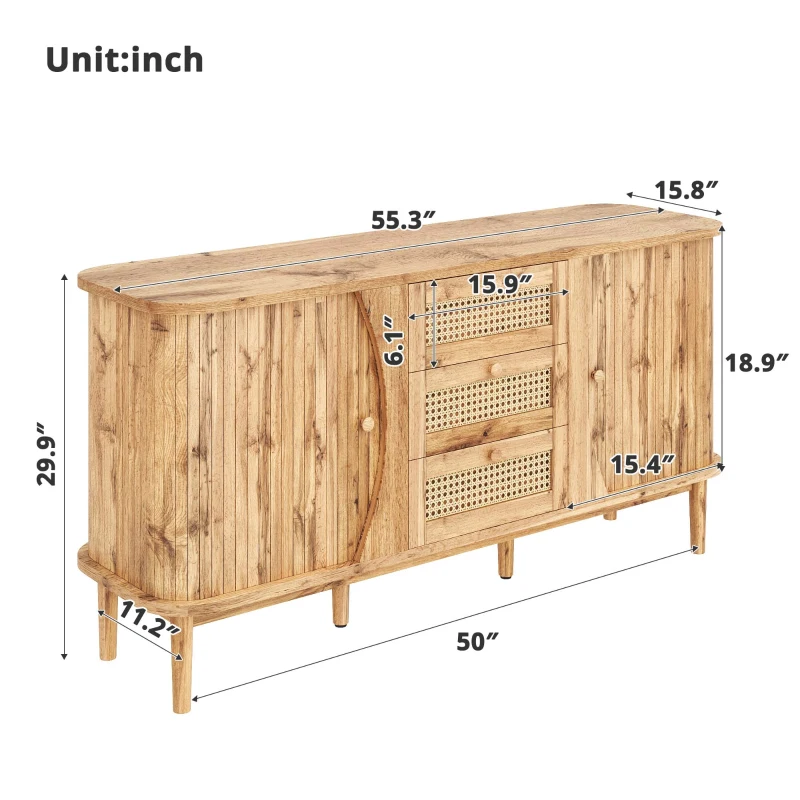 Versatile Sideboard with 3 Drawers, 2 Doors and Adjustable Shelves, Stylish Cabinet for Living or Dining Room,55.5'' L x 16'' W x 30'' H, Wood
