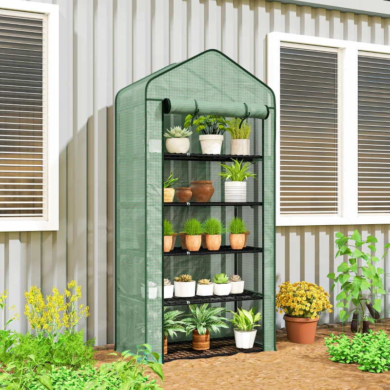 Outsunny 5 Tier Mini Greenhouse, Small Portable Greenhouse with PE Cover, Roll-Up Zippered Door, 76" x 35.4" x 19.3", Green