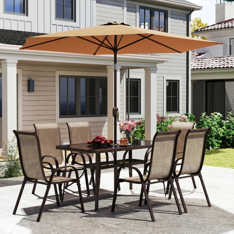 Outsunny 8 Pieces Patio Furniture Set with 9Ft Patio Umbrella, Outdoor Dining Table and Chairs, Light Mixed Brown