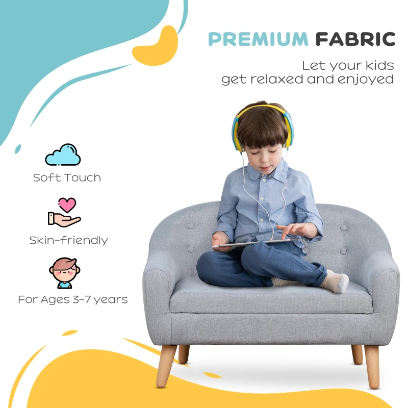 Qaba 2-Seat Kids Sofa, Toddler Sofa Couch, Linen-Like Fabric & Wood Frame Sofa Chair for Ages 3-7, 11" High Seat, Gray