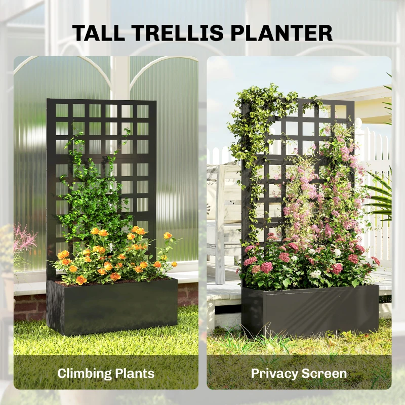 Outsunny Galvanized Raised Garden Bed Planter Box with Trellis for Climbing Plants, Vegetable, Vines, 24" x 9" x 44.5", Black