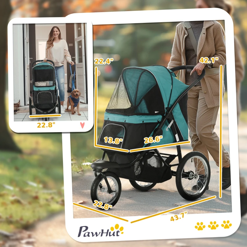 PawHut 3 Wheels Pet Stroller for Small Dogs and Medium Dogs with Adjustable Canopy, Safety Tether, Storage Basket, Dark Green