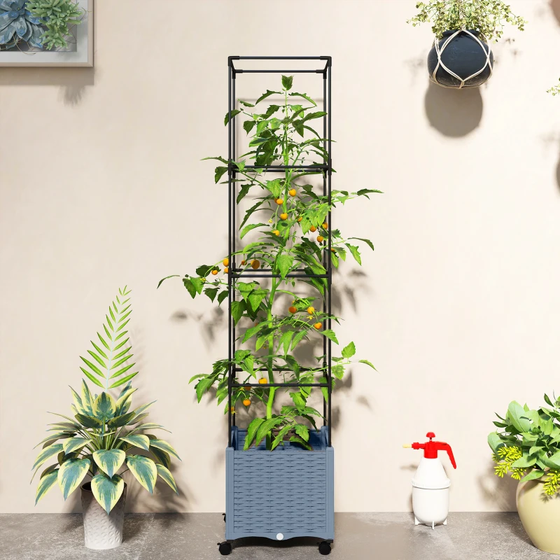 Outsunny Raised Garden Bed with Trellis, Tomato Cage with Lockable Wheels, Self Watering Planter Box with Drainage Holes, Gray