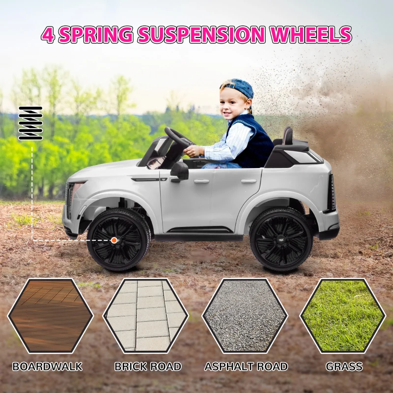 Qaba 2-Seater 12V 10AH Ride on Truck, Cadillac Escalade Licensed Electric Car for Kids w/ Spring Suspension Wheels, White