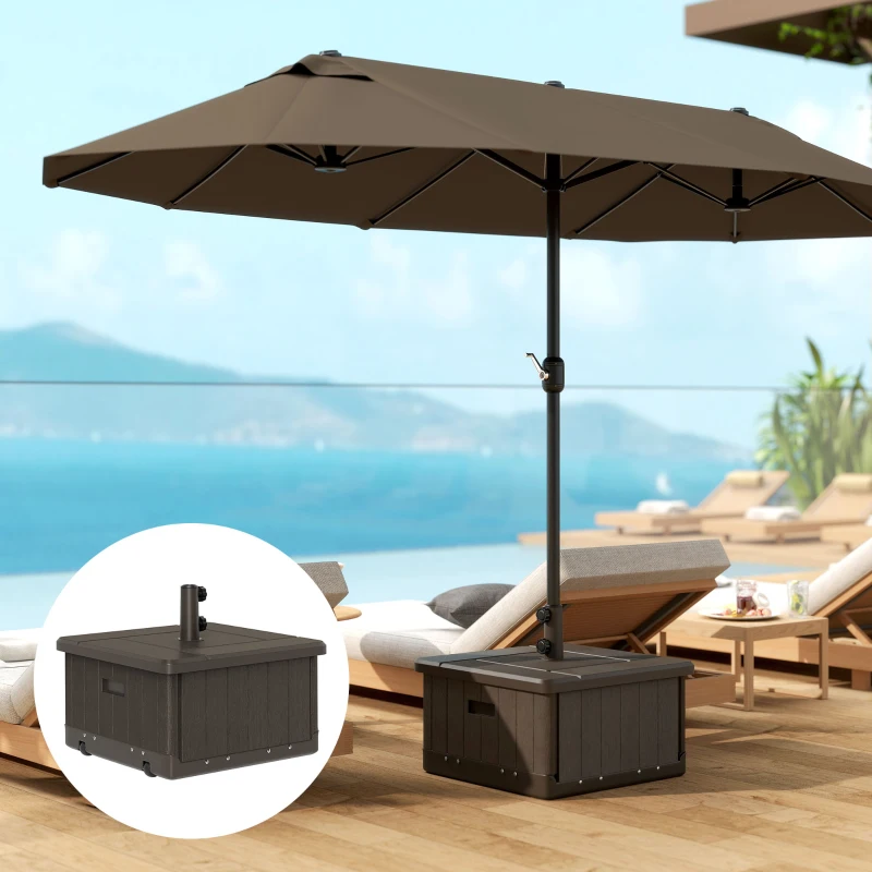 Outsunny 3-in-1 Outdoor Umbrella Base with Wheels and Handles, End Table, Flower Box Planter with Hole, 175 lbs. Capacity, Brown