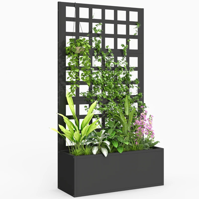 Outsunny Galvanized Raised Garden Bed Planter Box with Trellis for Climbing Plants, Vegetable, Vines, 24" x 9" x 44.5", Black