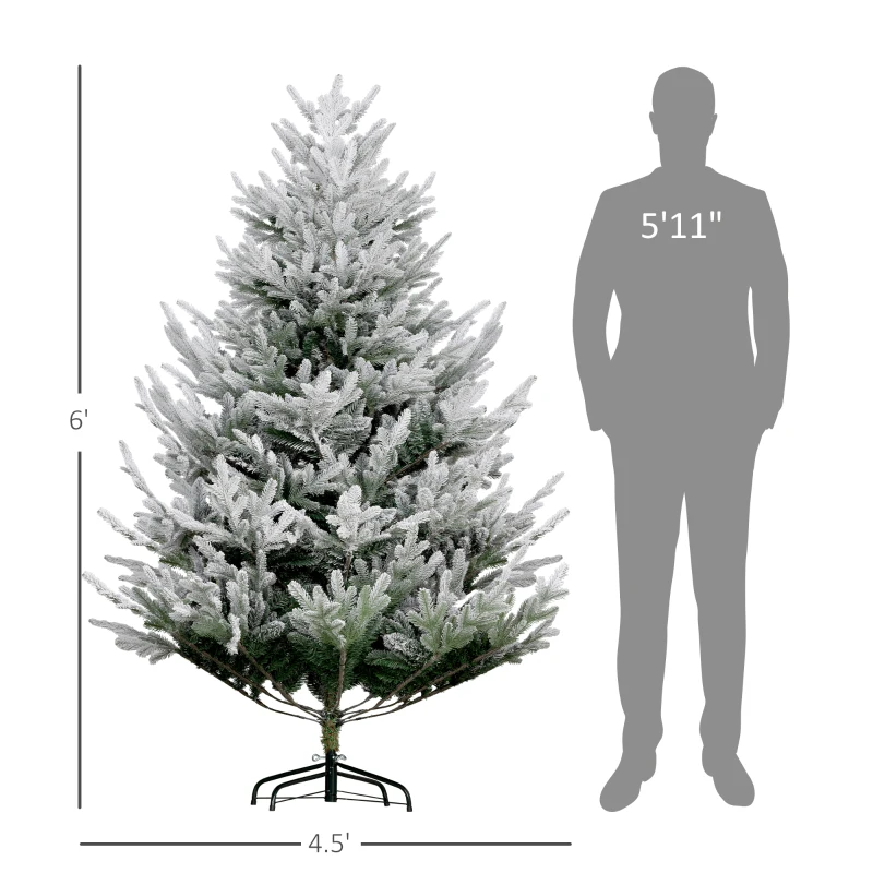HOMCOM 6 FT Artificial Christmas Tree, Flocked Hinged Xmas Tree with 795 Tips, Steel Base, Auto Open, Green