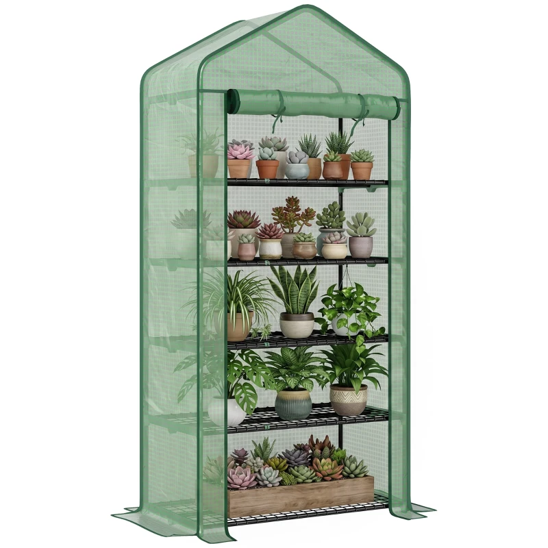 Outsunny 5 Tier Mini Greenhouse, Small Portable Greenhouse with PE Cover, Roll-Up Zippered Door, 76" x 35.4" x 19.3", Green