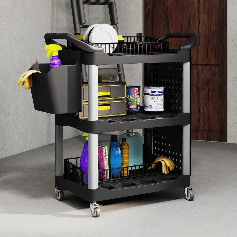 HOMCOM 3-Tier Rolling Tool Cart, 200 LBS Capacity Plastic Utility Cart with Side Shelf and Bucket, Black and Light Gray