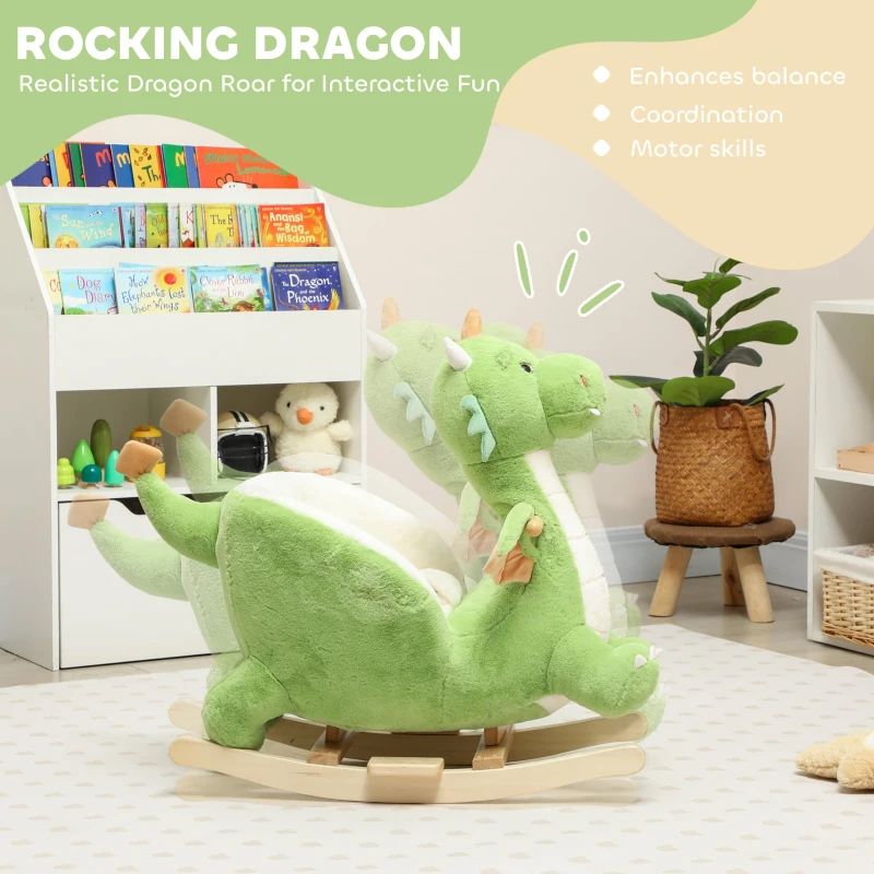 Qaba Baby Rocking Horse, Kids Ride On Dragon Toy with Realistic Dragon Roar and Safety Belt for Kids 18–36 Months, Green