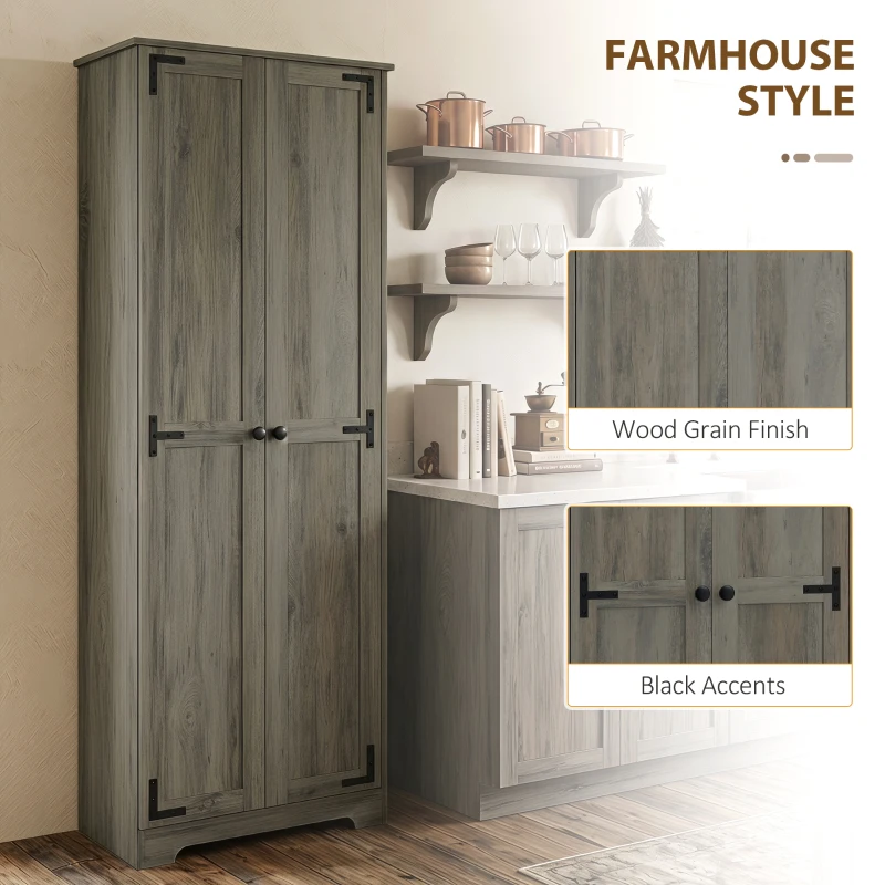 HOMCOM 67" Farmhouse Pantry Cabinet, Freestanding Food Pantry Cabinet with Adjustable Shelves, Distressed Gray