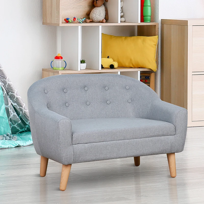 Qaba 2-Seat Kids Sofa, Toddler Sofa Couch, Linen-Like Fabric & Wood Frame Sofa Chair for Ages 3-7, 11" High Seat, Gray