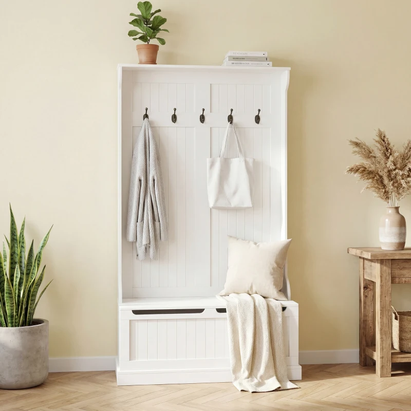 HOMCOM 3-In-1 Entryway Bench with Coat Rack, Hall Tree with Bench and Shoe Storage, 5 Hooks for Hallway Cream White