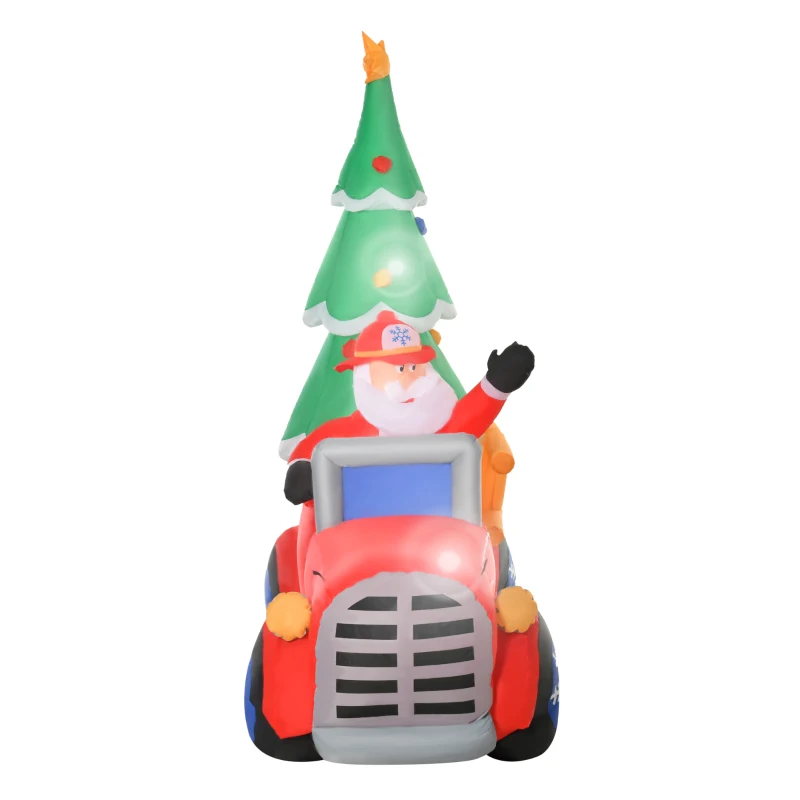 HOMCOM 7.5ft Christmas Inflatable Santa Claus Driving a Fire Truck with Tree, Outdoor Blow-Up Yard Decoration with LED Lights Display