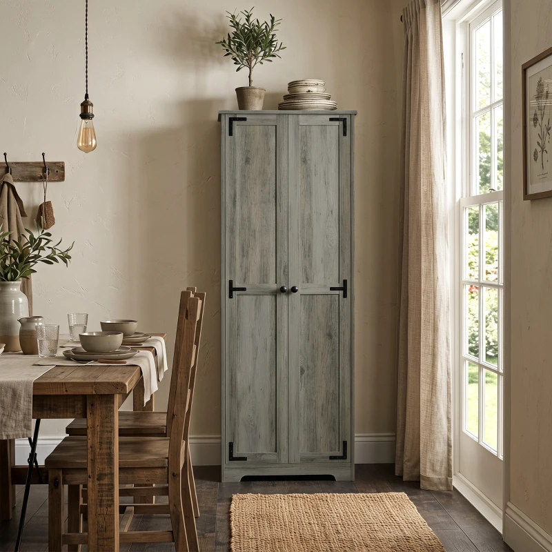 HOMCOM 67" Farmhouse Pantry Cabinet, Freestanding Food Pantry Cabinet with Adjustable Shelves, Distressed Gray
