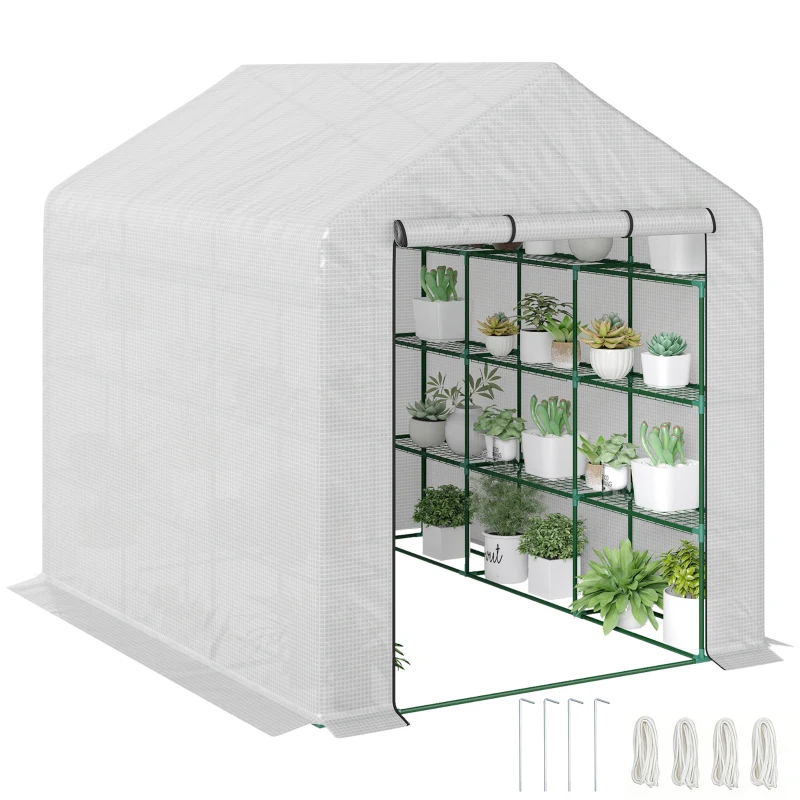 Outsunny Outdoor Walk-in Greenhouse with Roll-up Zipper Door, 18 Shelves, PE Cover, 95.25" x 70.75" x 82.75", White