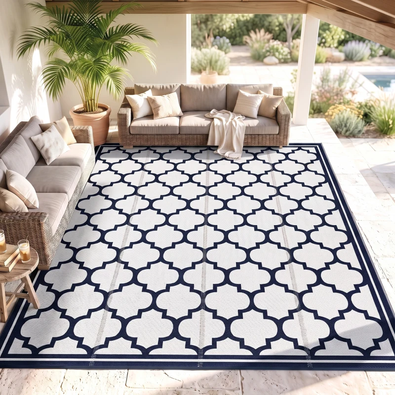 Outsunny Reversible Outdoor Rug, 9' x 12' Waterproof Plastic Straw Floor Mat, Portable RV Camping Carpet, Large Floor Mat for Backyard, Deck, Picnic, Beach, Blue & White(m-9)