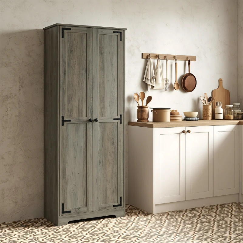 HOMCOM 67" Farmhouse Pantry Cabinet, Freestanding Food Pantry Cabinet with Adjustable Shelves, Distressed Gray