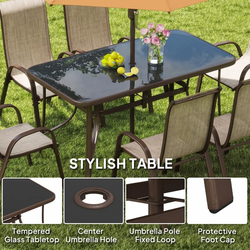 Outsunny 8 Pieces Patio Furniture Set with 9Ft Patio Umbrella, Outdoor Dining Table and Chairs, Light Mixed Brown