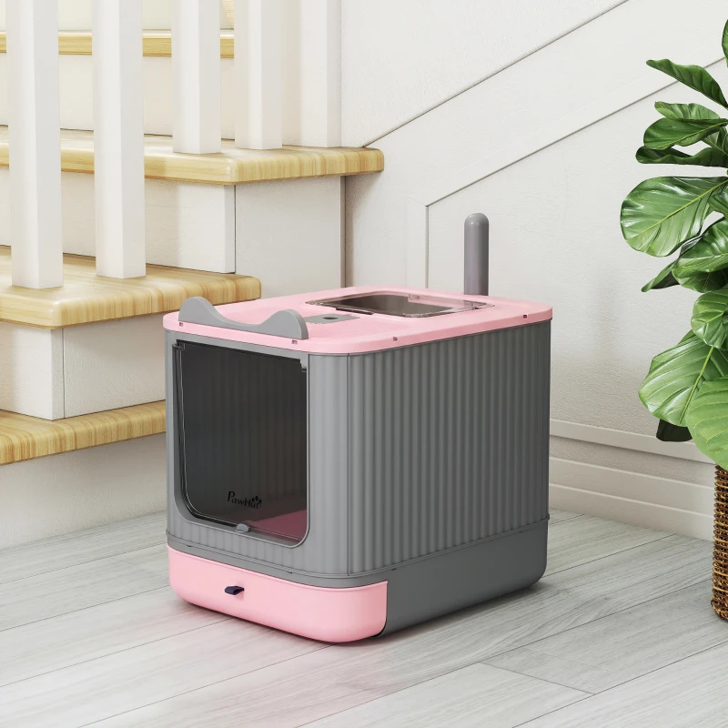 PawHut Cat Litter Box with Lid, Enclosed Litter Box for Medium Cats, Front-Entry and Top-Exit, Scoop, Deodorizer Bag, Pink