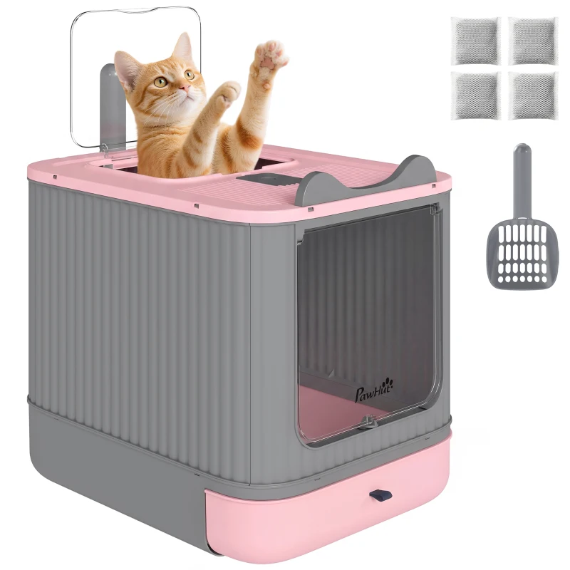 PawHut Cat Litter Box with Lid, Enclosed Litter Box for Medium Cats, Front-Entry and Top-Exit, Scoop, Deodorizer Bag, Pink