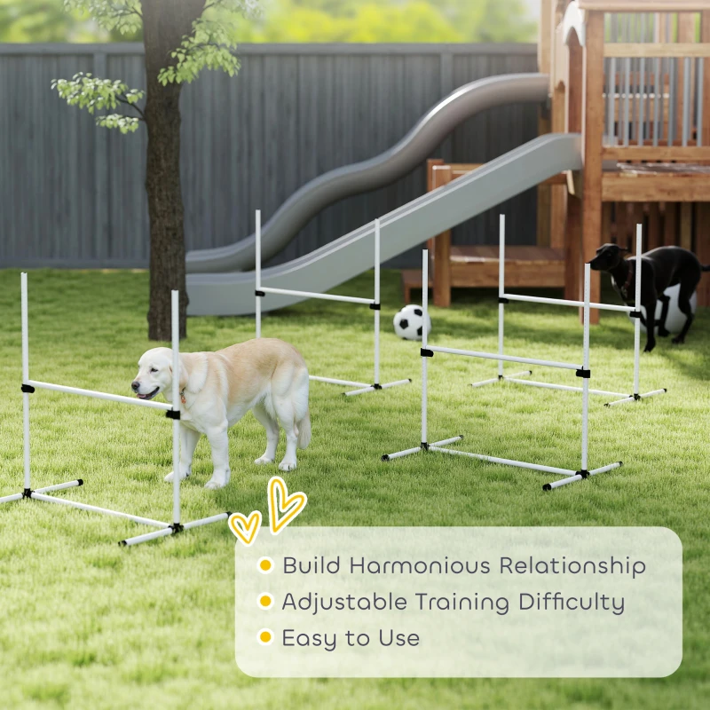 PawHut 4 Piece Dog Agility Training Equipment for Dog Agility Course with Adjustable Height Jump Bars, Included Carry Bag, & Displacing Top Bar, White