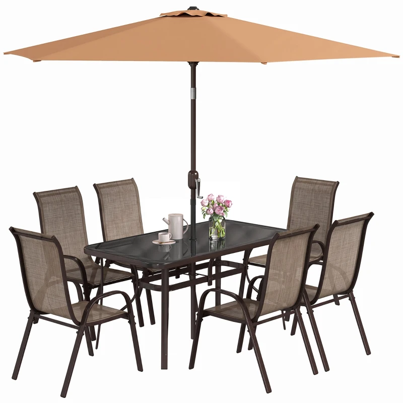 Outsunny 8 Pieces Patio Furniture Set with 9Ft Patio Umbrella, Outdoor Dining Table and Chairs, Light Mixed Brown