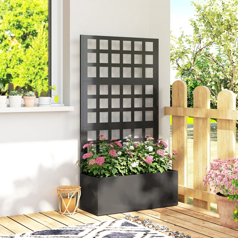 Outsunny Galvanized Raised Garden Bed Planter Box with Trellis for Climbing Plants, Vegetable, Vines, 24" x 9" x 44.5", Black