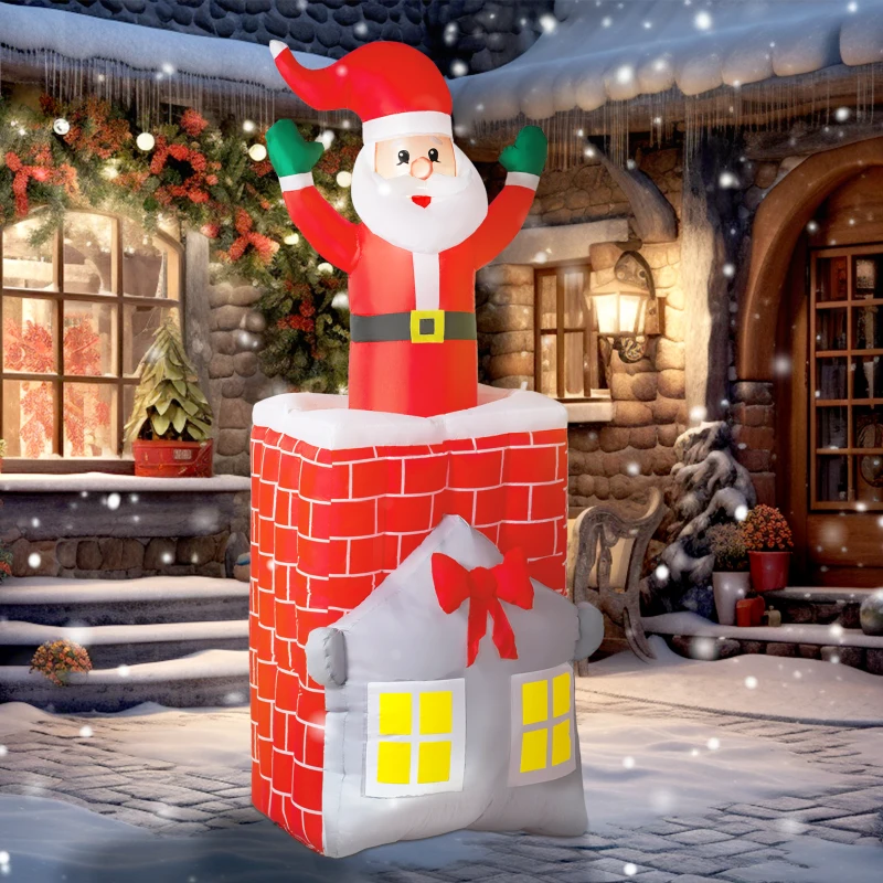 Outsunny 7FT Christmas Inflatable Santa in Chimney Up and Down, Blow Up Decoration with Built-in LED Lights for Indoor Party