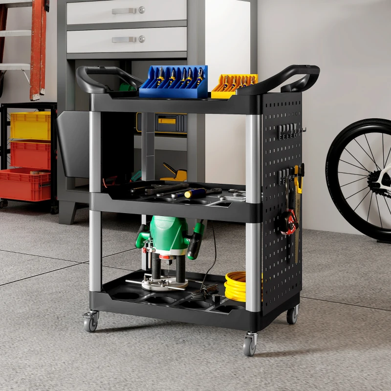 HOMCOM 3-Tier Rolling Tool Cart, 200 LBS Capacity Plastic Utility Cart with Side Shelf and Bucket, Black and Light Gray