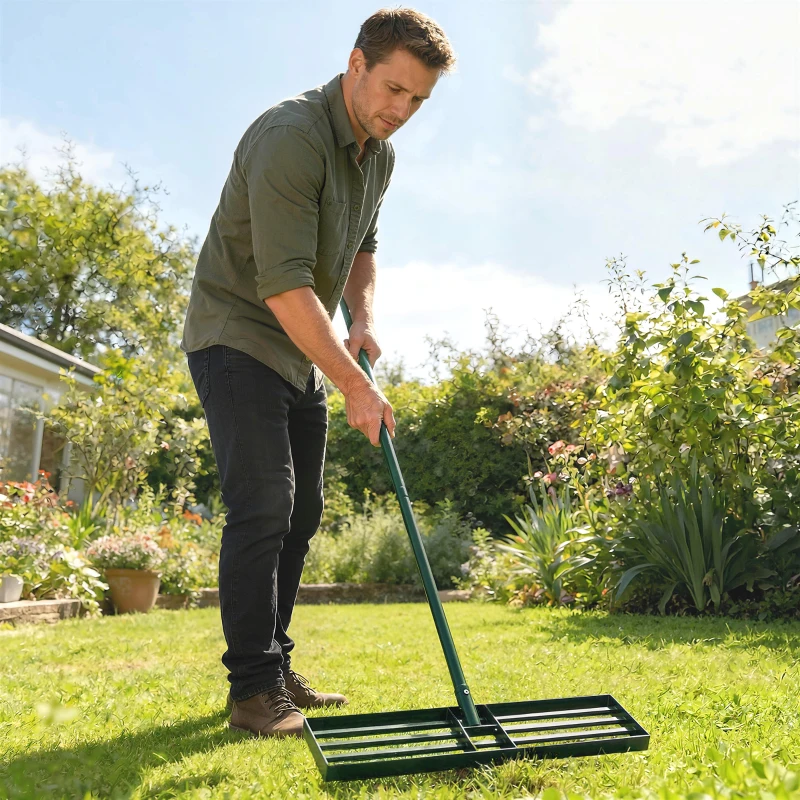 Outsunny Lawn Leveling Rake, 30" x 10" Heavy Duty Yard Leveling Rake with 66.5" Handle for Backyard, Golf Course