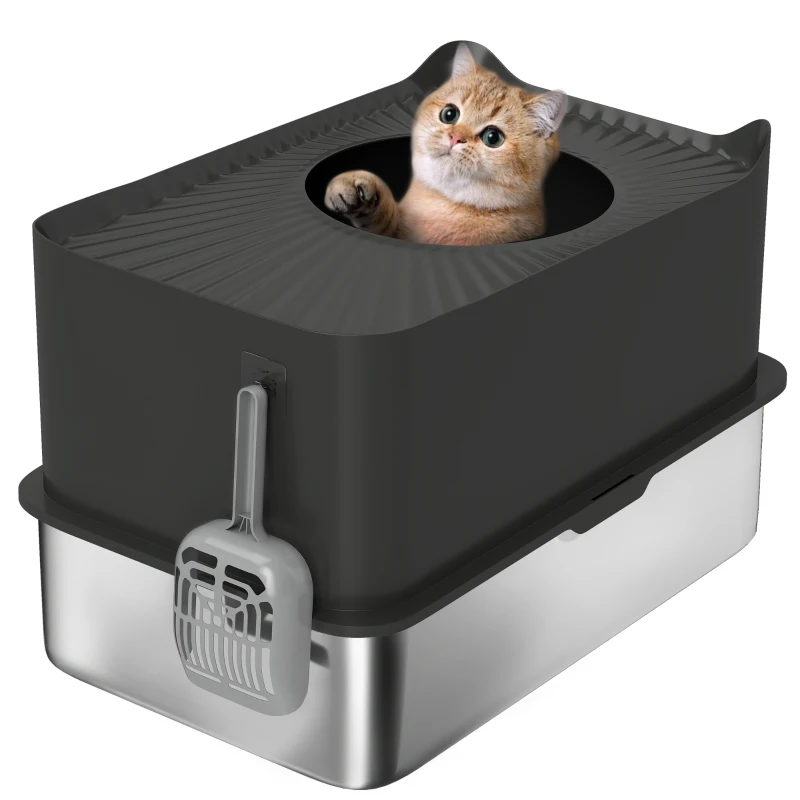 PawHut Extra Large Stainless Steel Litter Box, Enclosed Cat Litter Box with Scoop, Top Entrance, Non-slip Pads, Black